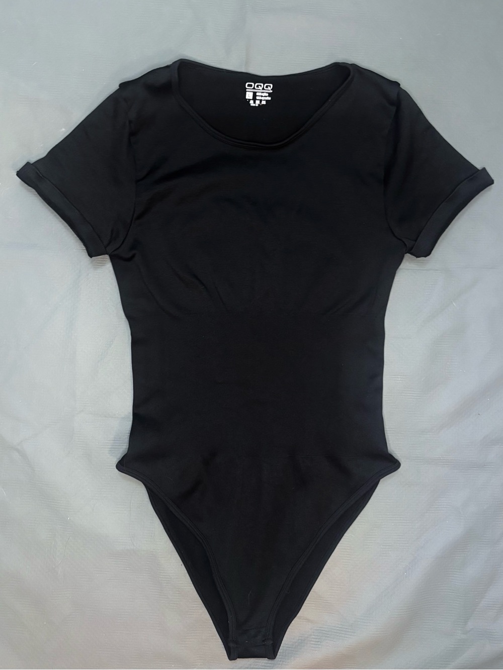 OQQ - Black Nylon Short-Sleeve Women’s Flattering Bodysuit - Large